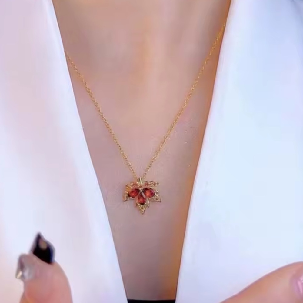 Liona - Red Maple Leaf - Crystals Necklace